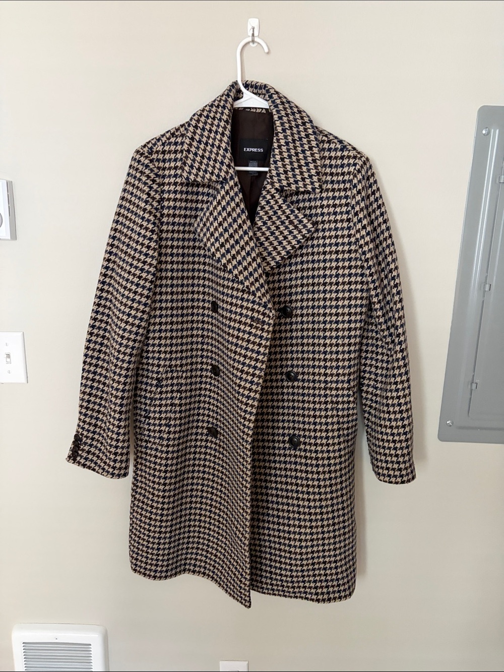 Express Double-Breasted Houndstooth Pea Coat - Black & Tan